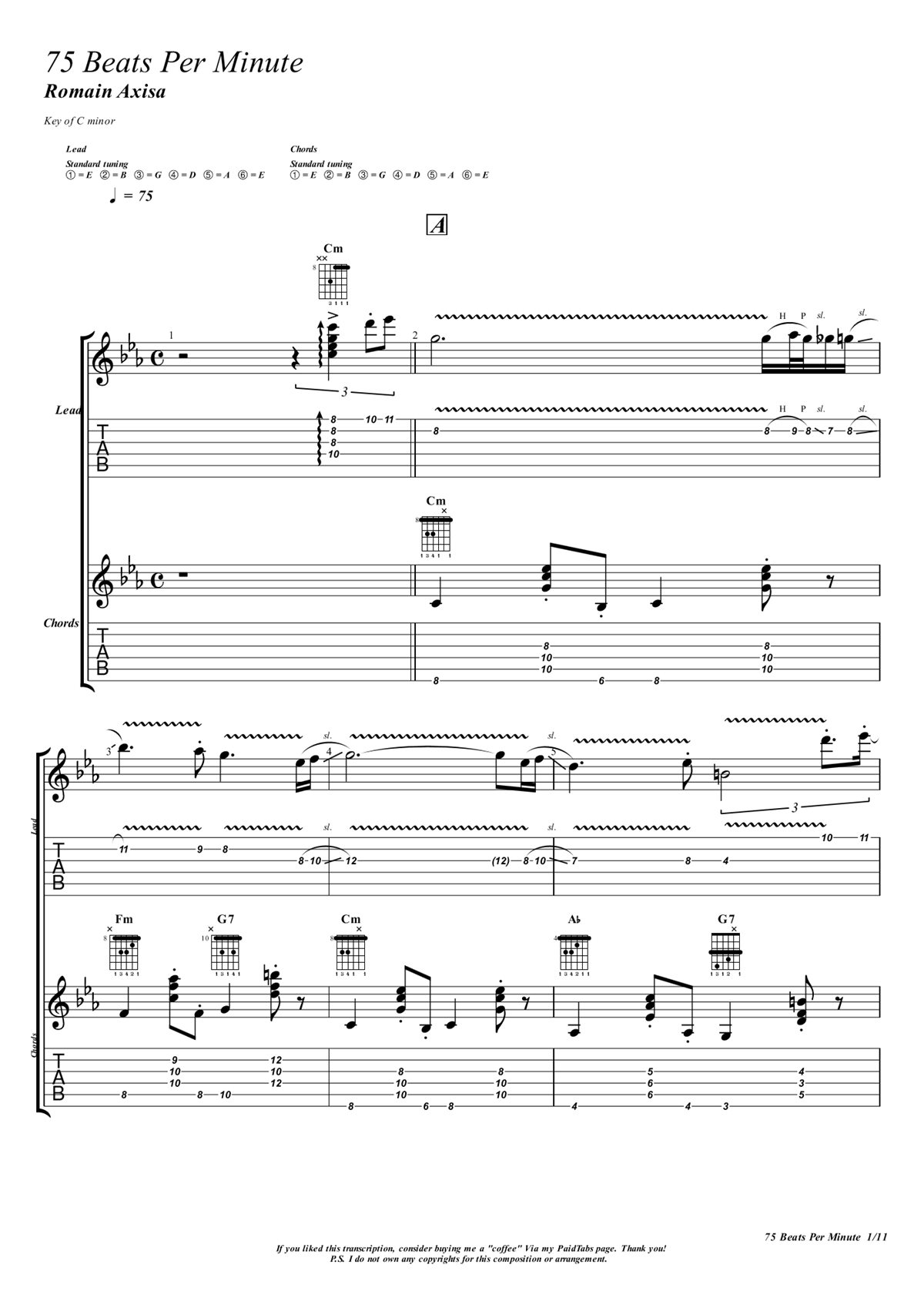 Primeira página da transcrição de 75 Beats Per Minute, com pauta e tablatura, por Sérgio Raimundo Cavaco