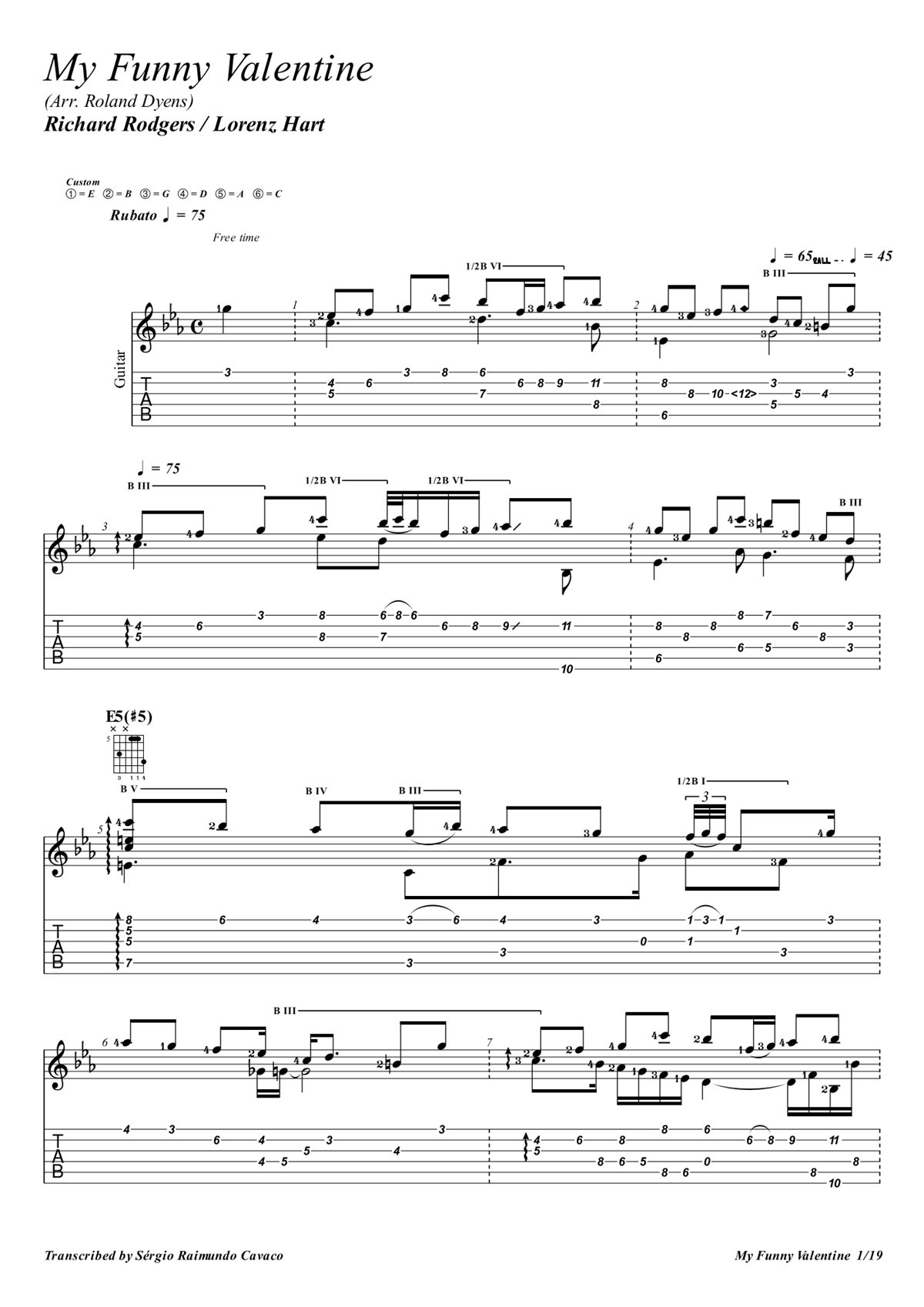 Primeira página da transcrição de My Funny Valentine, com pauta e tablatura, por Sérgio Raimundo Cavaco