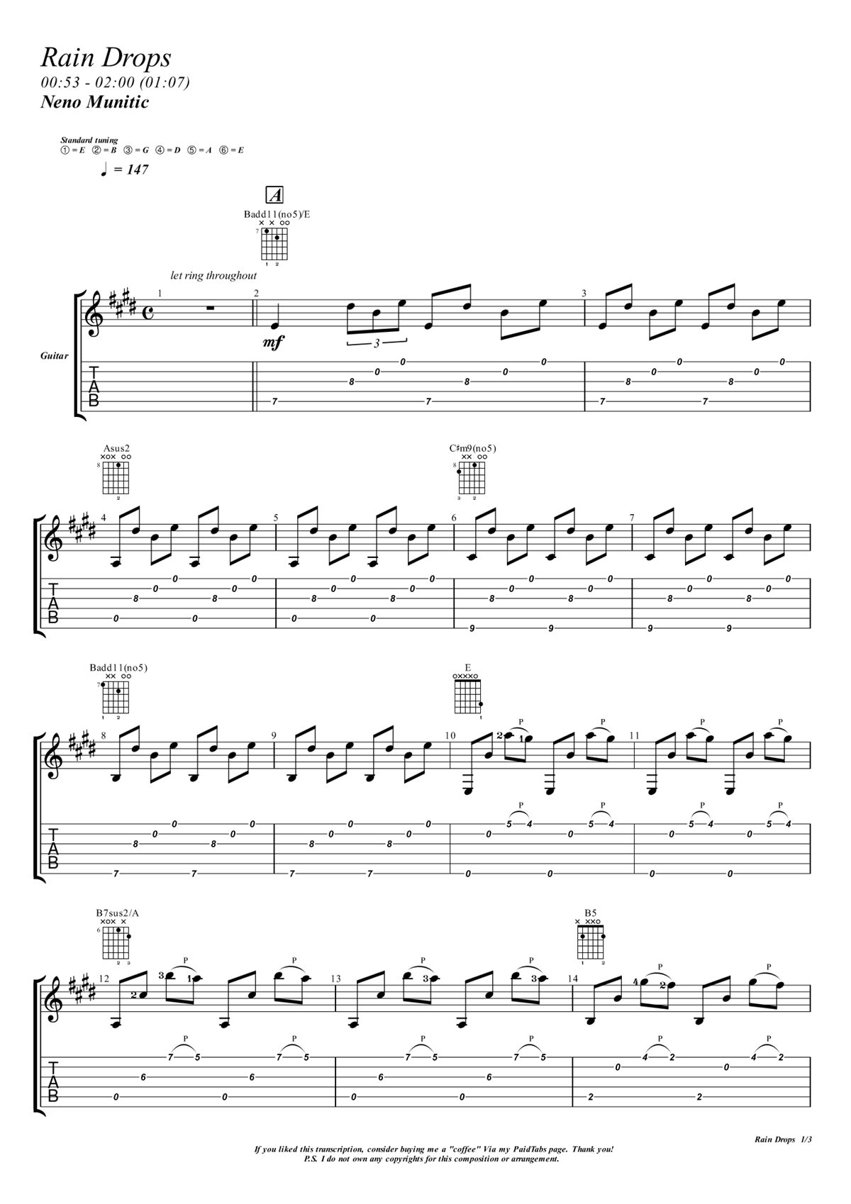 Primeira página da transcrição de Rain Drops, com pauta e tablatura, por Sérgio Raimundo Cavaco