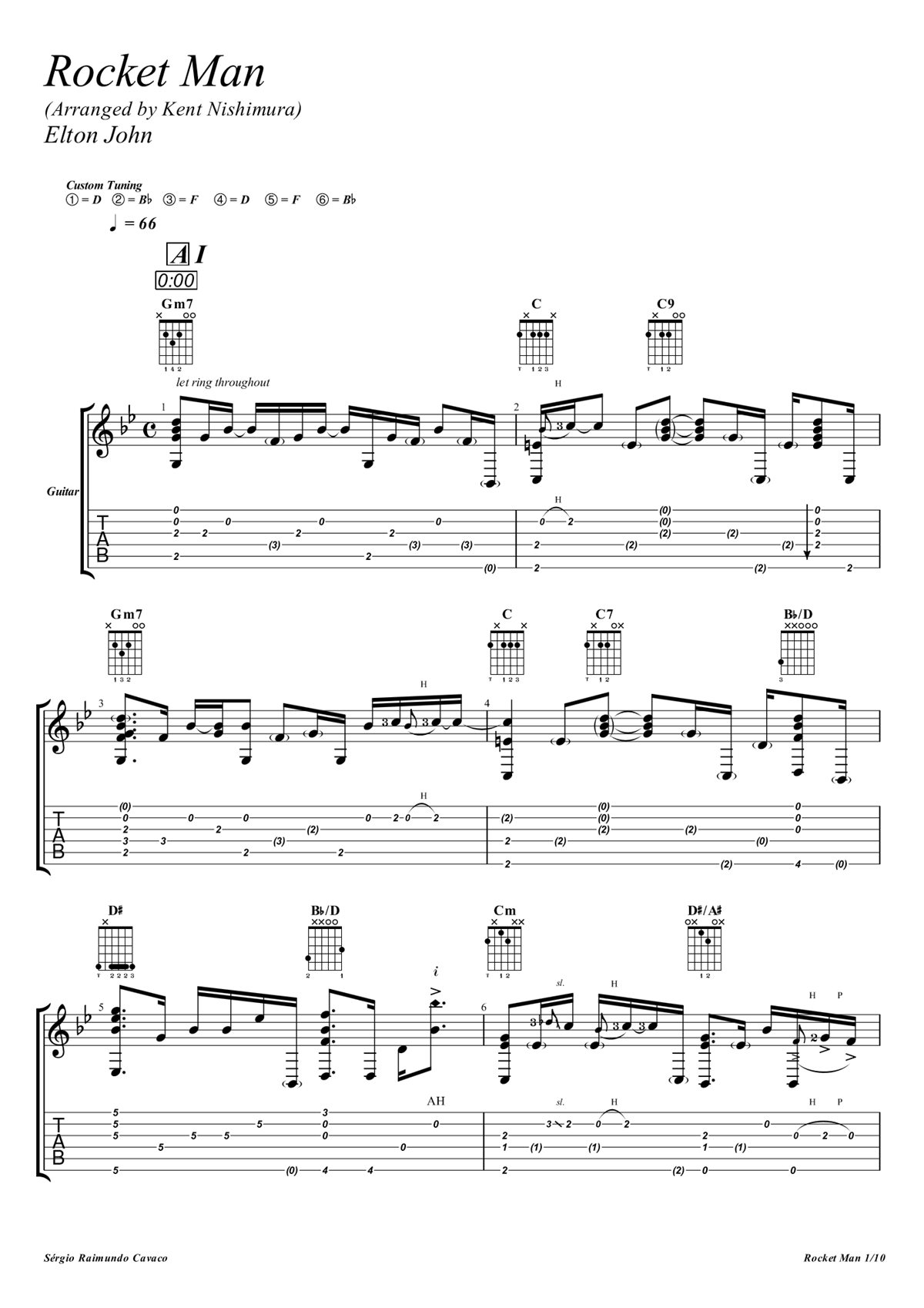 Primeira página da transcrição de Rocket Man, com pauta e tablatura, por Sérgio Raimundo Cavaco