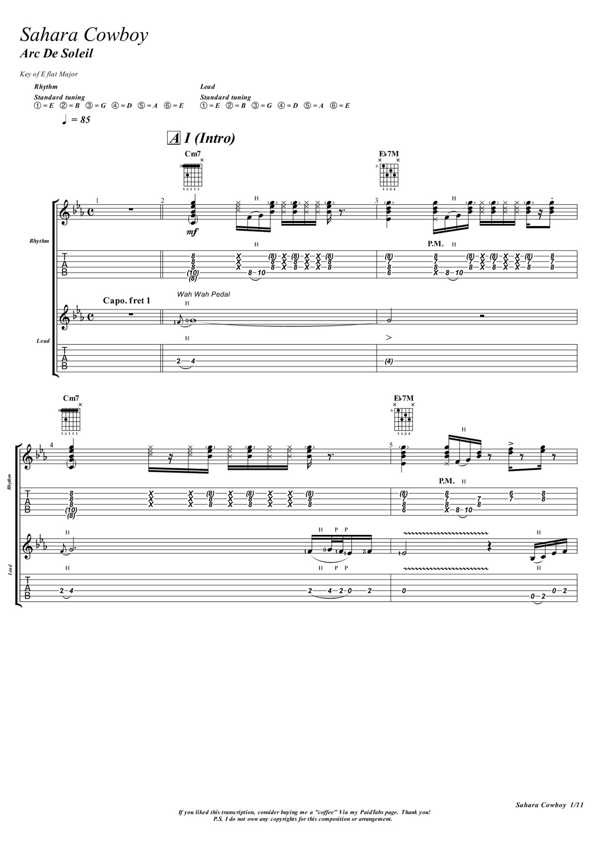 Primeira página da transcrição de Sahara Cowboy, com pauta e tablatura, por Sérgio Raimundo Cavaco
