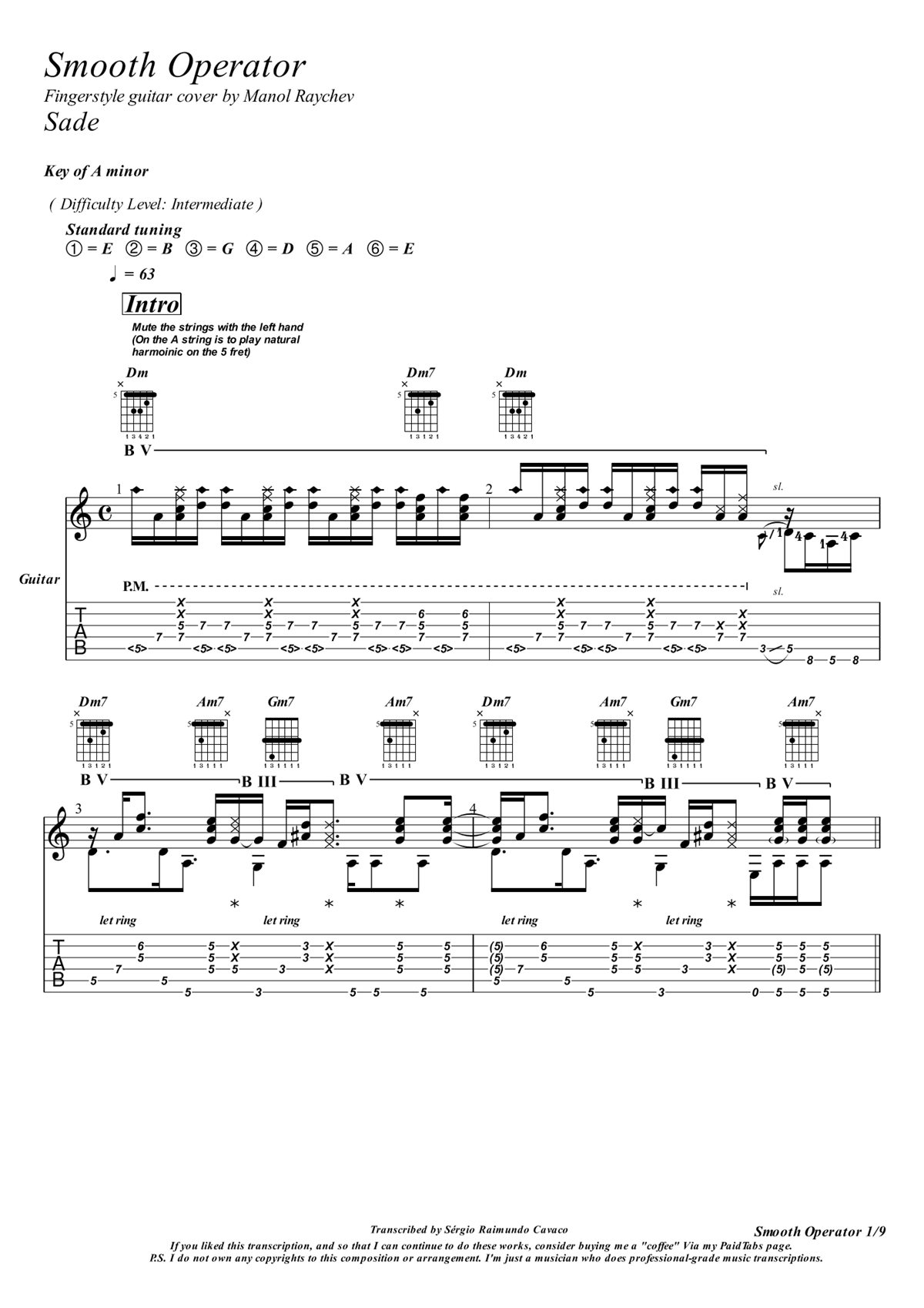Primeira página da transcrição de Smooth Operator, com pauta e tablatura, por Sérgio Raimundo Cavaco