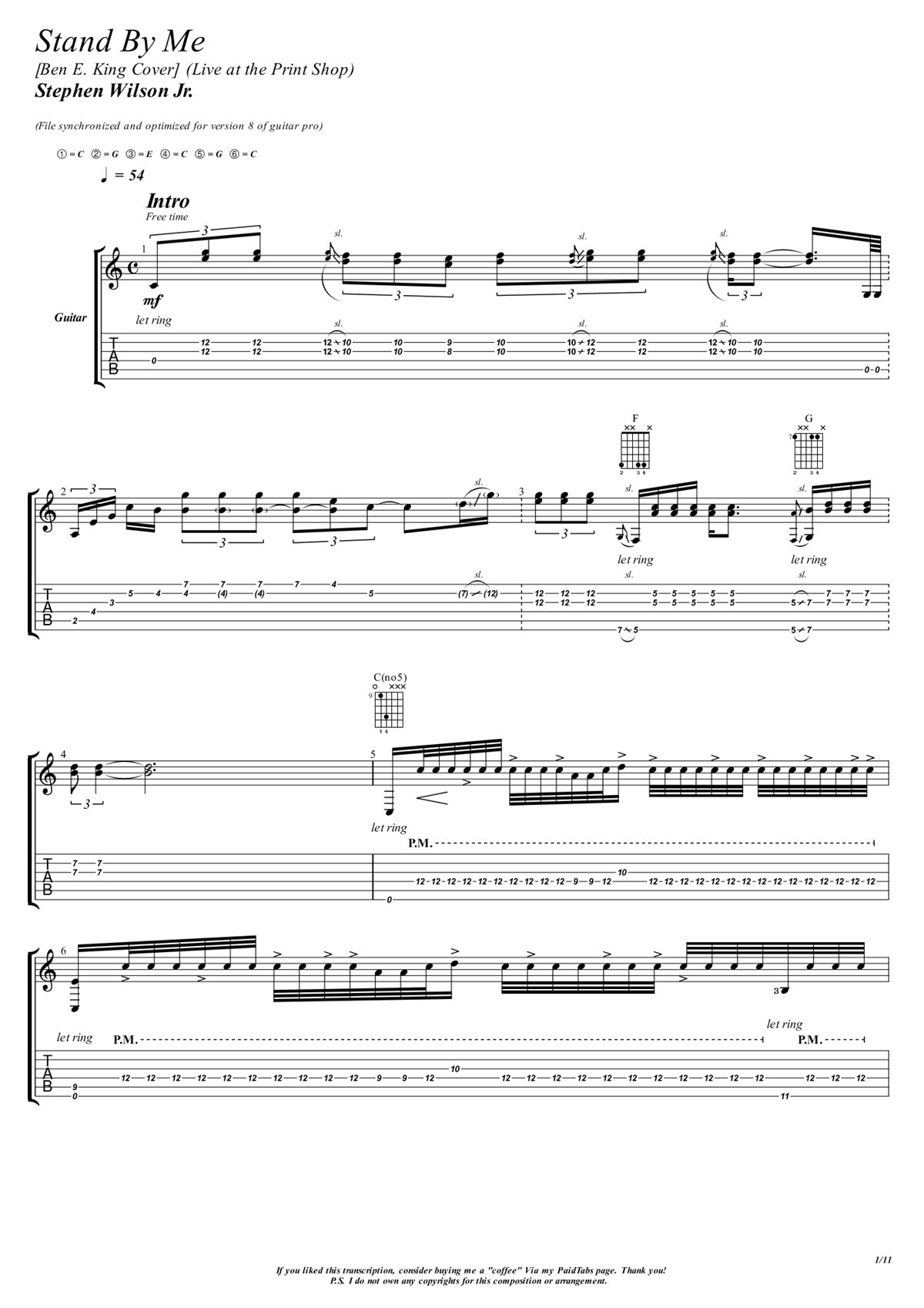 Primeira página da transcrição de Stand By Me, com pauta e tablatura, por Sérgio Raimundo Cavaco